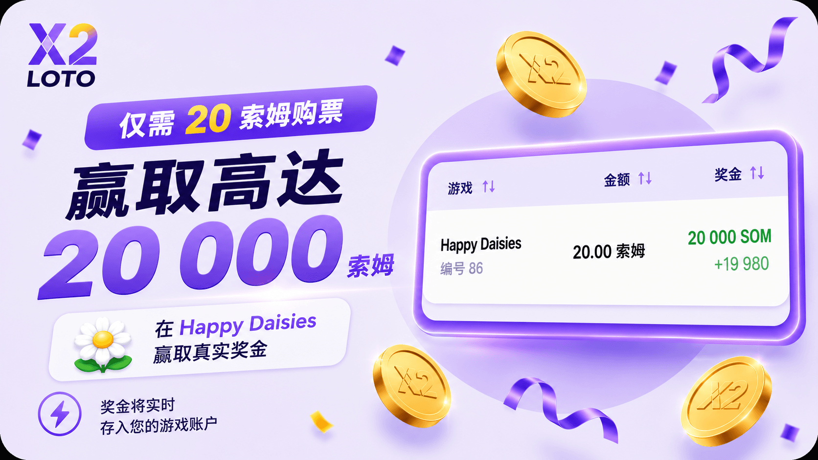 X2 LOTO「快樂雛菊」(Happy Daisies)遊戲中贏取 20,000 索姆的中獎彩票