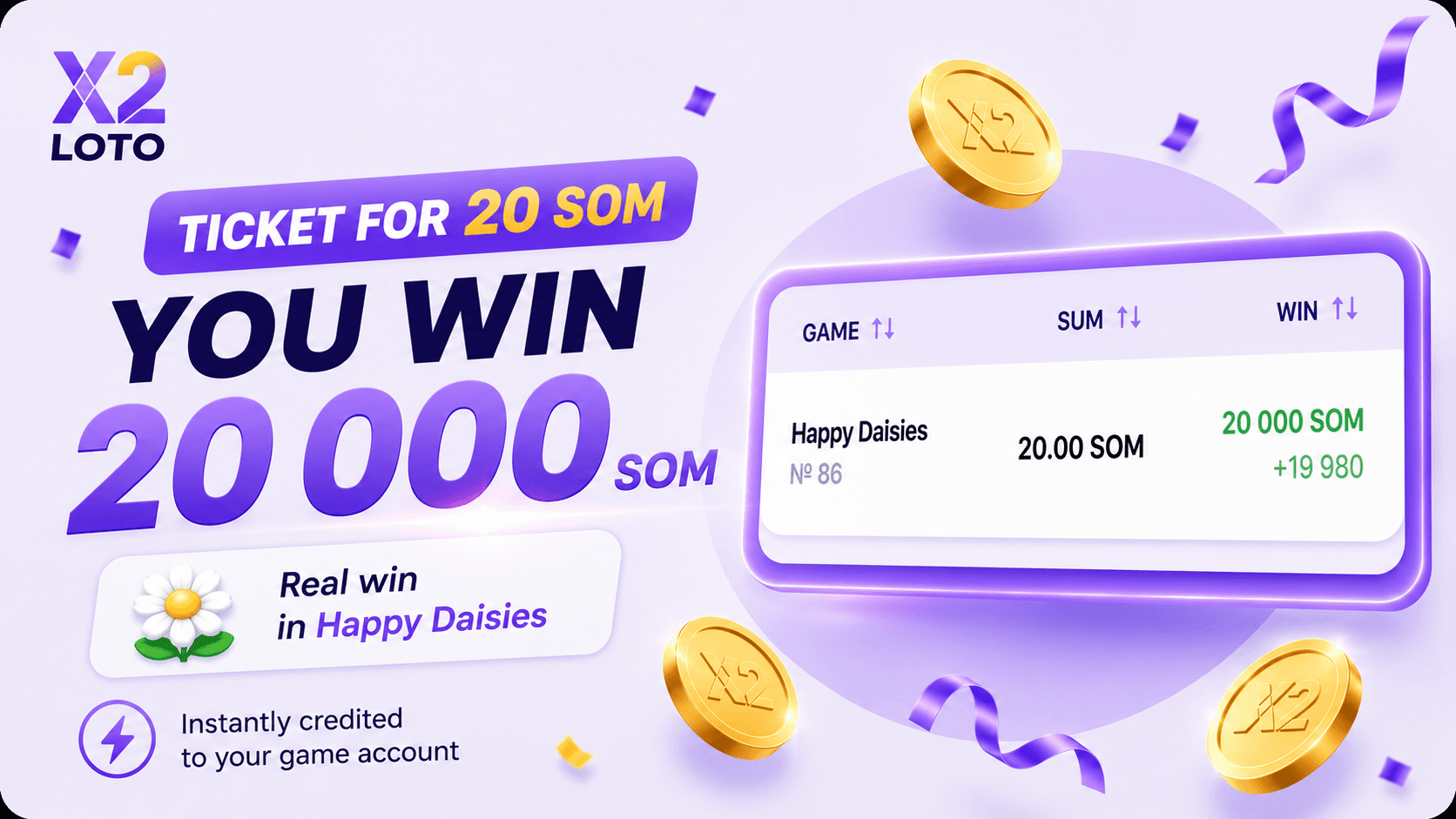 Winning card for 20,000 soms in the Happy Daisies game from X2 LOTO