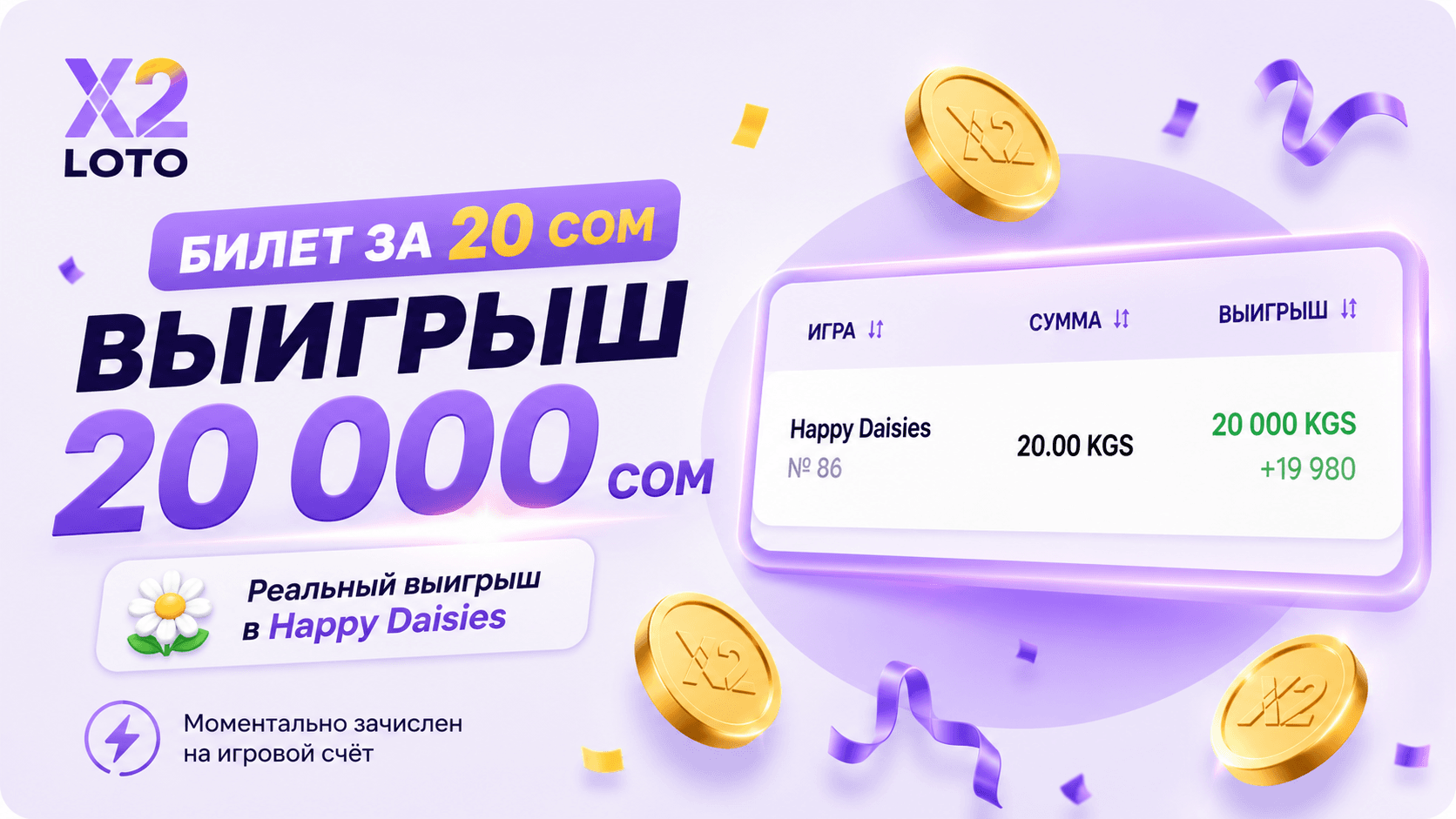 Карточка выигрыша 20 000 сомов в игре Happy Daisies от X2 LOTO
